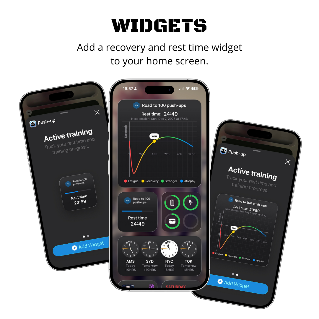 Widgets show recovery and rest time push-up training.
